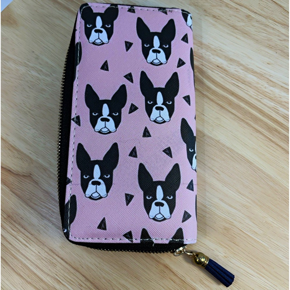 Pink French Bulldog Boston Terrier Zip Around Long Wallet Dog Mom Tassel Canvas